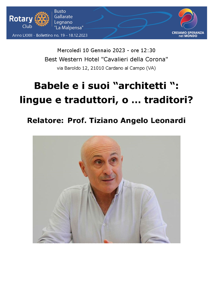 Leonardi - Babele e i suoi “architetti “:   lingue e traduttori, o … traditori? - 10 01 2024